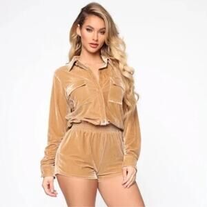 FASHION NOVA • Tan Velvet Vixen Long Sleeve Button Front Romper